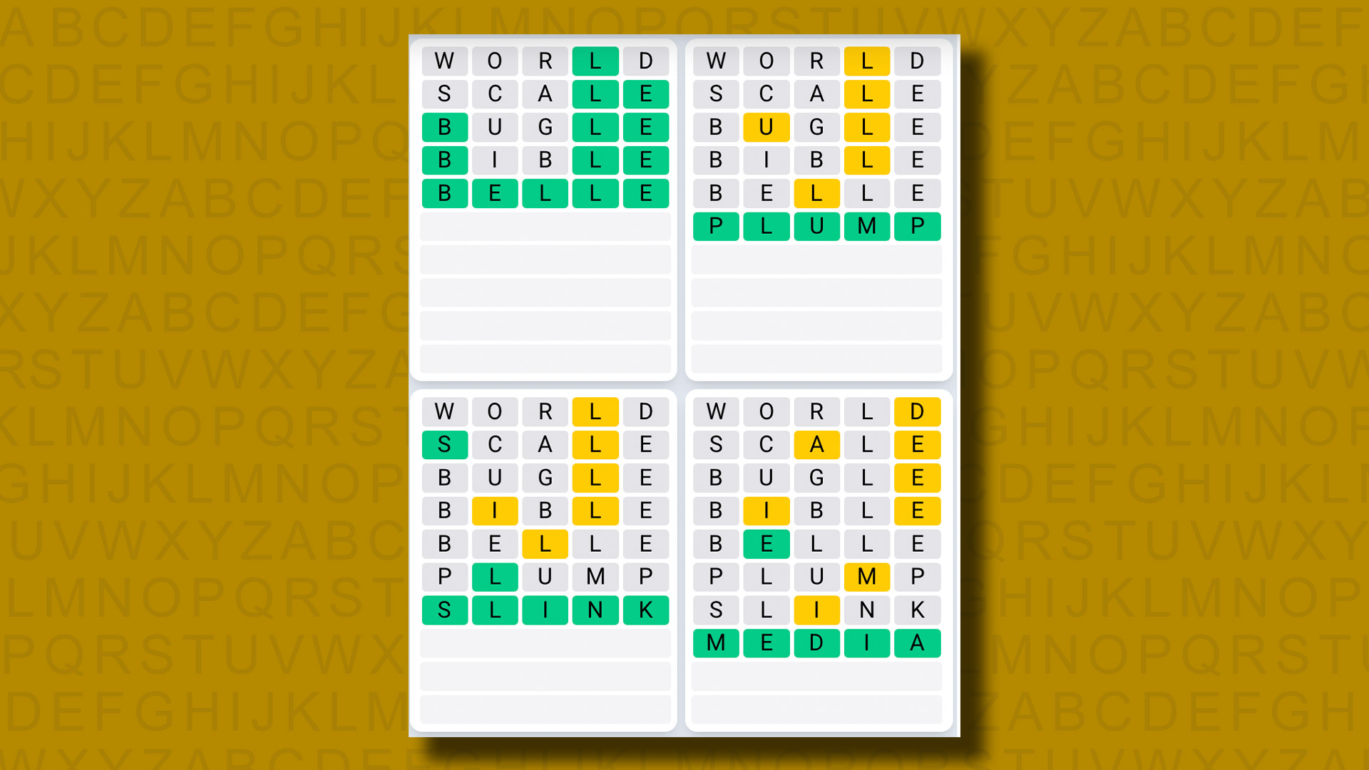 Quordle Daily Sequence answers for game 1133 on a yellow background