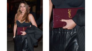 On the left, Sofía Vergara is seen wearing a black outfit and carrying a burgundy YSL bag, with a similar shade of burgundy or 'plum wine' polish on her nails, on October 11, 2024 in New York City. On the right, you can see a close-up of her hand from the same picture, to give a clearer look at her burgundy manicure.