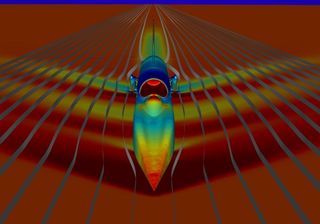 A recent Bloodhound CFD flow visualisation showing stream ribbons, and pressure colour contours