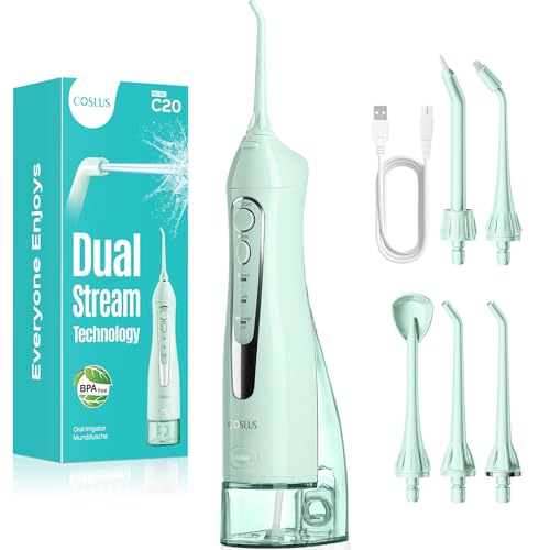 Coslus Water Dental Flosser Teeth Pick: 2025 Upgraded Portable Cordless Waterproof Flossing 300ml Rechargeable Travel Irrigation Cleaner Ipx7 Green
