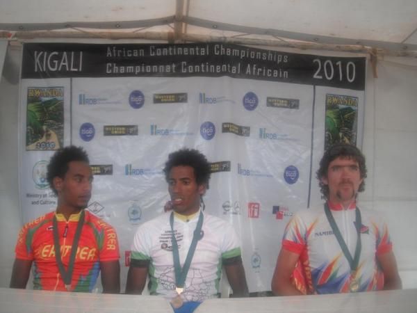 Press conference with the top three from the men's road race (l-r): Meron Russom, Daniel Teklehaimanot and Dan Craven.