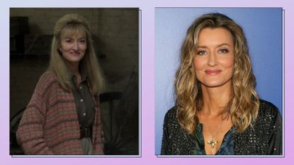 Natasha McElhone as Penny Knatchbull in the Crown Season five/ alongside a portait of Natasha McElhone on a purple and blue background