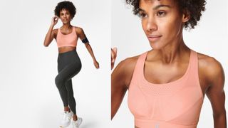 composite of model in pink mesh sports bra