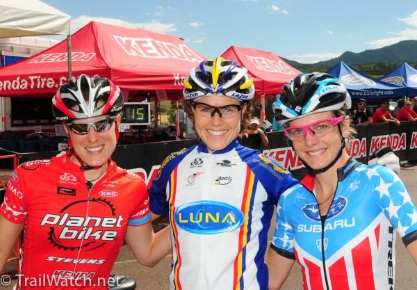 The "podium" for Friday night's time trial- (L to R) Katie Compton (Planet Bike) second, Georgia Gould (Luna Pro Team) first, Heather Irmiger (Subaru-Trek) third