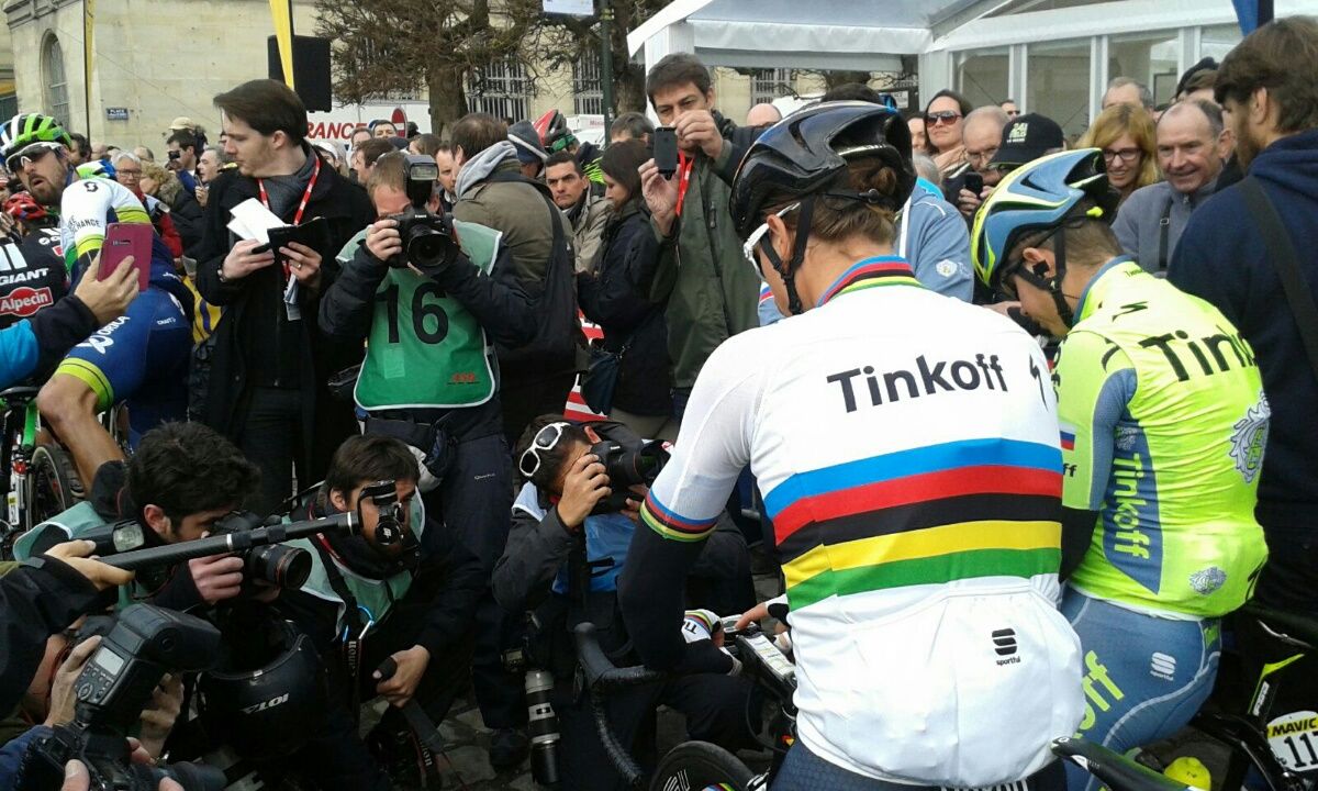 Photographers battling for a photo of world champion Peter Sagan