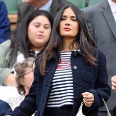 Salma Hayek attends day seven of the Wimbledon Tennis Championships at the All England Lawn Tennis and Croquet Club on July 07, 2024 in London, England.
