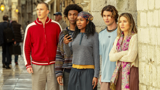 (L to R) Drew Starkey as Rafe, Jonathan Daviss as Pope, Carlacia Grant as Cleo, Chase Stokes as John B, Madelyn Cline as Sarah Cameron in episode 502 of "Outer Banks."