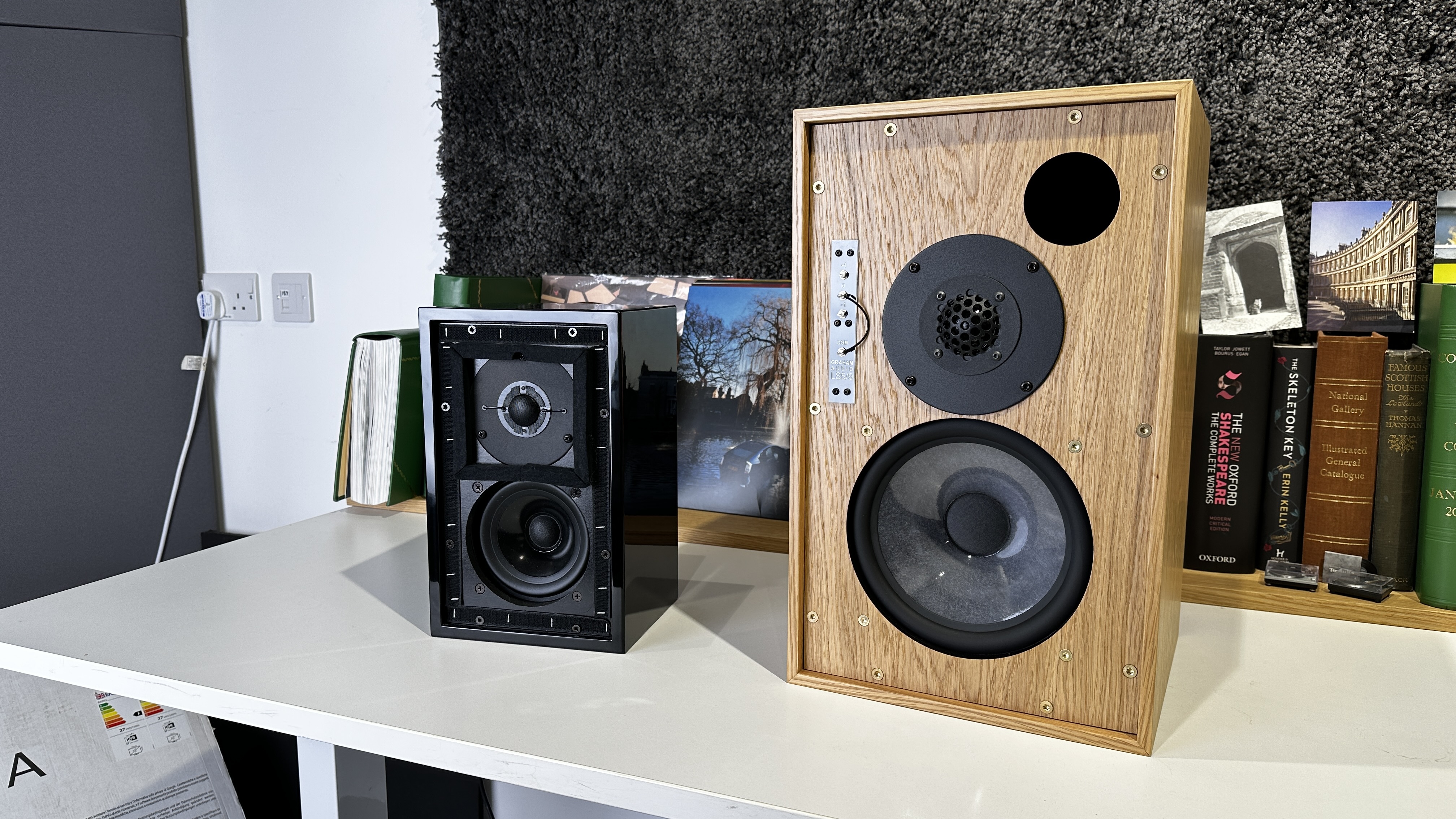 KEF LS3/5A and Graham Audio LS5/9 on white desk