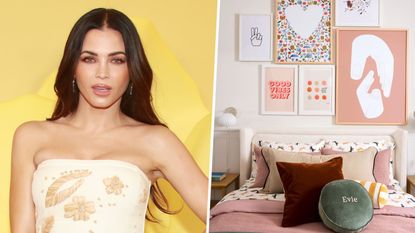 split screen with jenna dewan on the left and her daughter evie&#039;s bedroom on the right