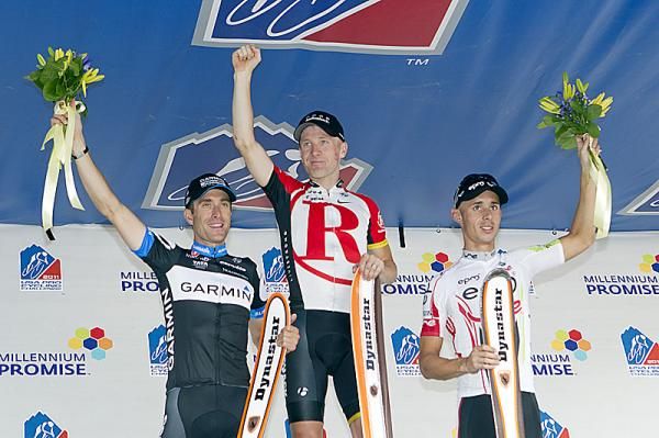 Stage 3 podium: Christian Vande Velde (Garmin-Cervelo), Levi Leipheimer (RadioShack), and Rafael Infantino (EPM - UNE)