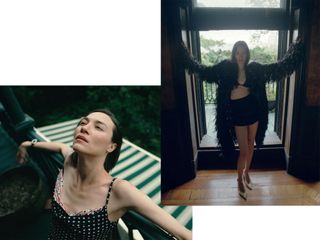 Collage of Sydney Lemmon sitting on balcony wearing polka dot dress and standing in front of large window wearing black textured coat and black miniskirt.