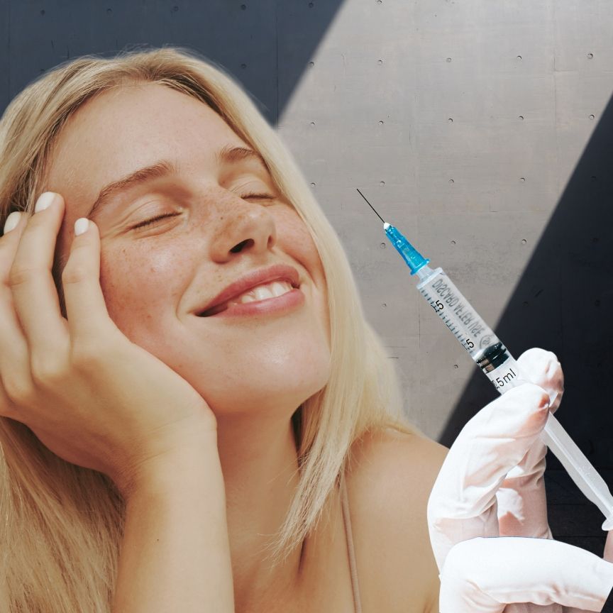 a smiling woman with closed eyes and a gloved hand holding a botox needle