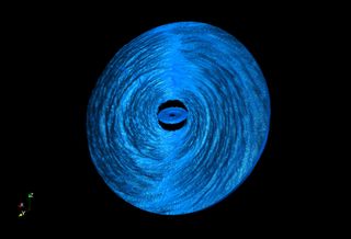 simulation of supermassive black holes consuming gaseous disks. mostly green and blue.
