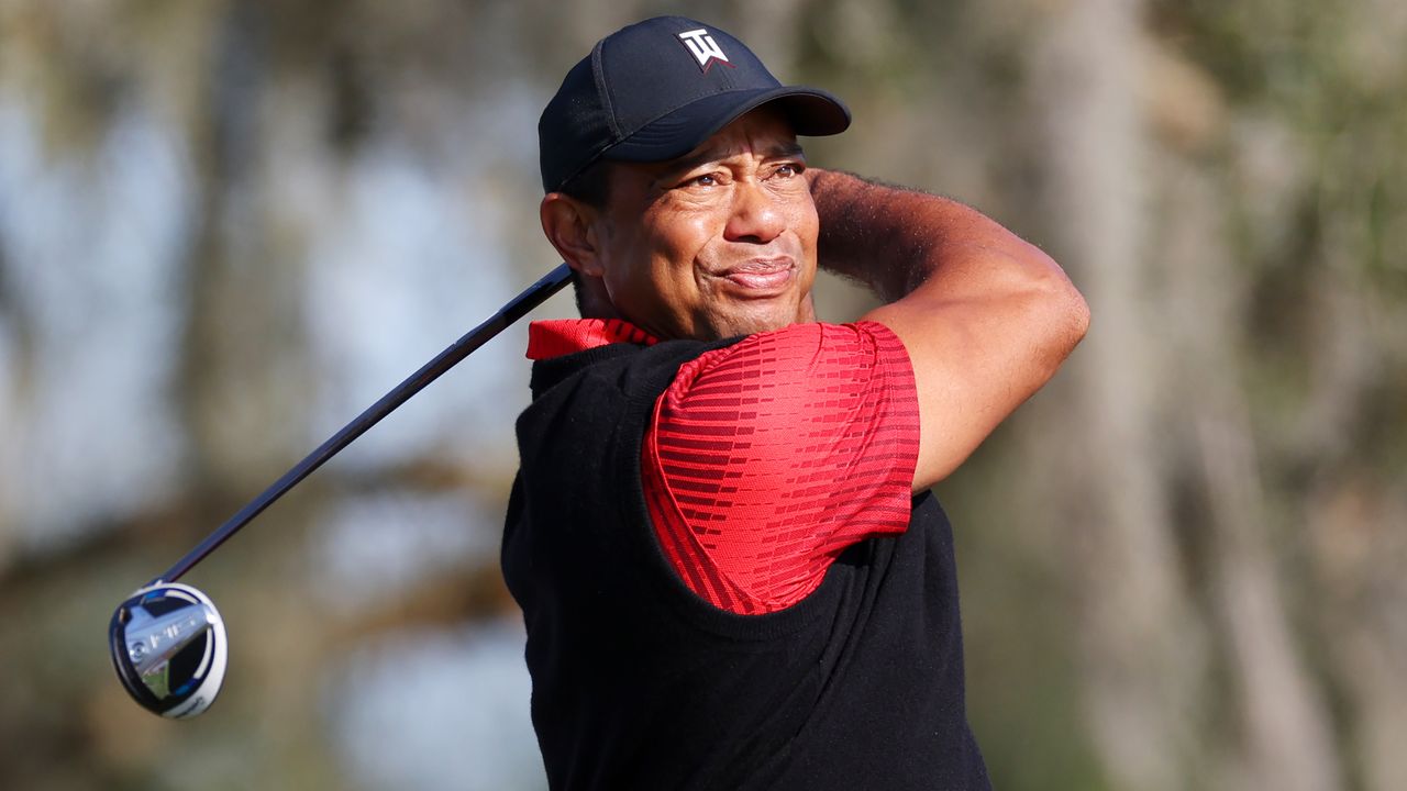 Tiger Woods takes a tee shot during the second round of the 2022 PNC Championship in Florida