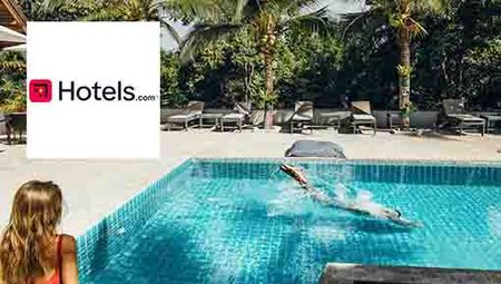 hotels.com logo placed over an image of someone diving into a hotel pool and a blonde girl watching