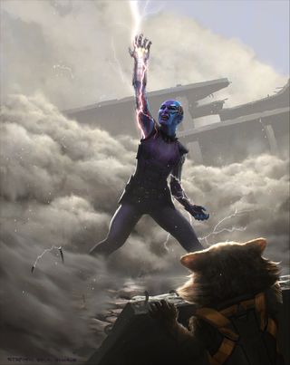 Nebula wears Infinity Gauntlet in Avengers: Endgame concept art by Stephen Schirle