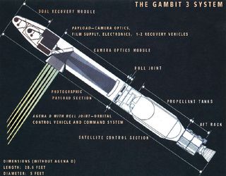This image released by the National Reconnaissance Office on Sept. 17, 2011 depicts the GAMBIT-3 spy satellite design, which was used in 54 launches (4 of them failures) for U.S. space surveillance operations between 1966 and 1984