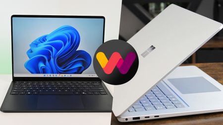 Split image showing two laptops: one open with a blue abstract design on the screen, the other partially closed. A colorful logo is centered over the image.