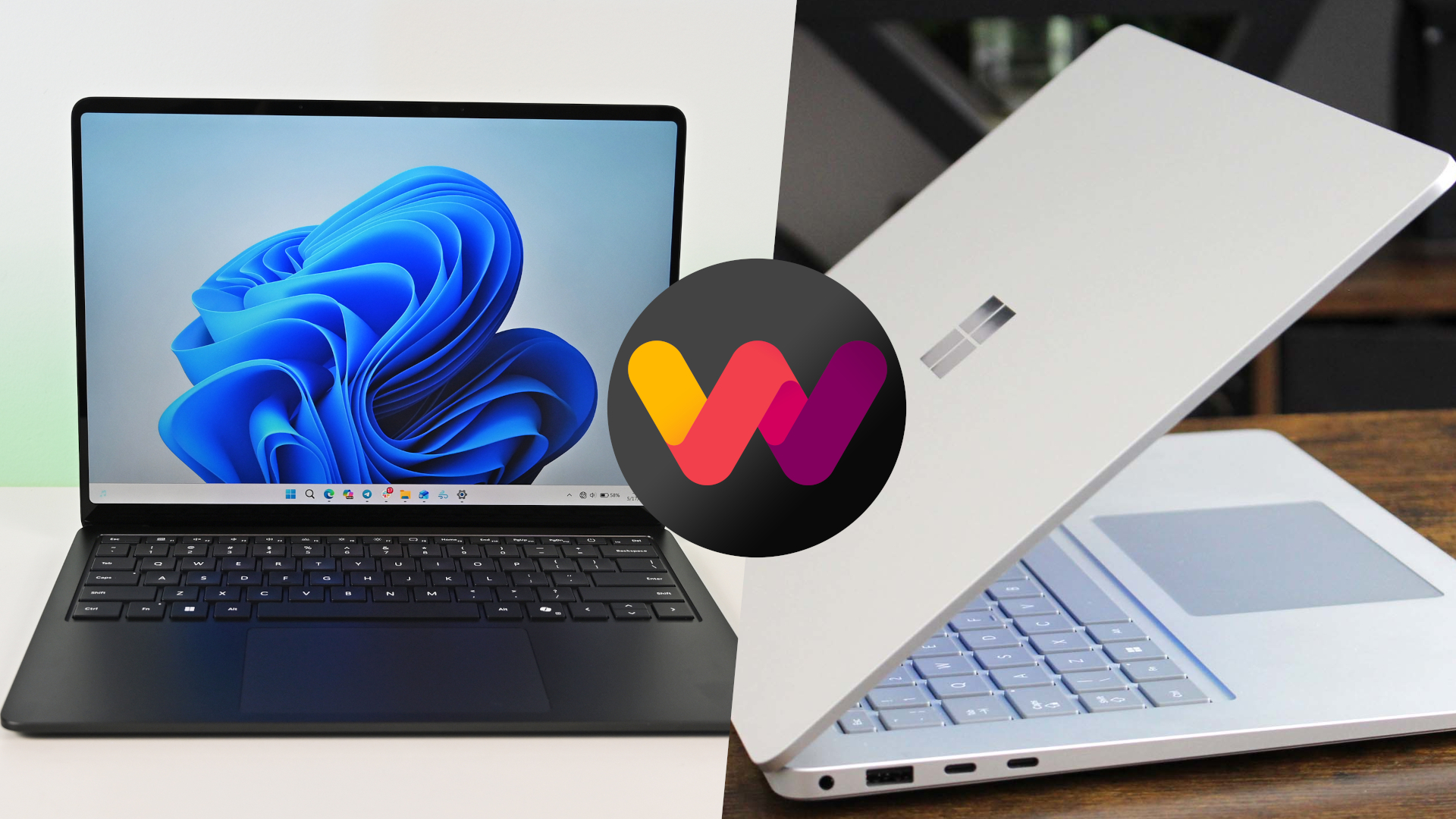 Split image showing two laptops: one open with a blue abstract design on the screen, the other partially closed. A colorful logo is centered over the image.