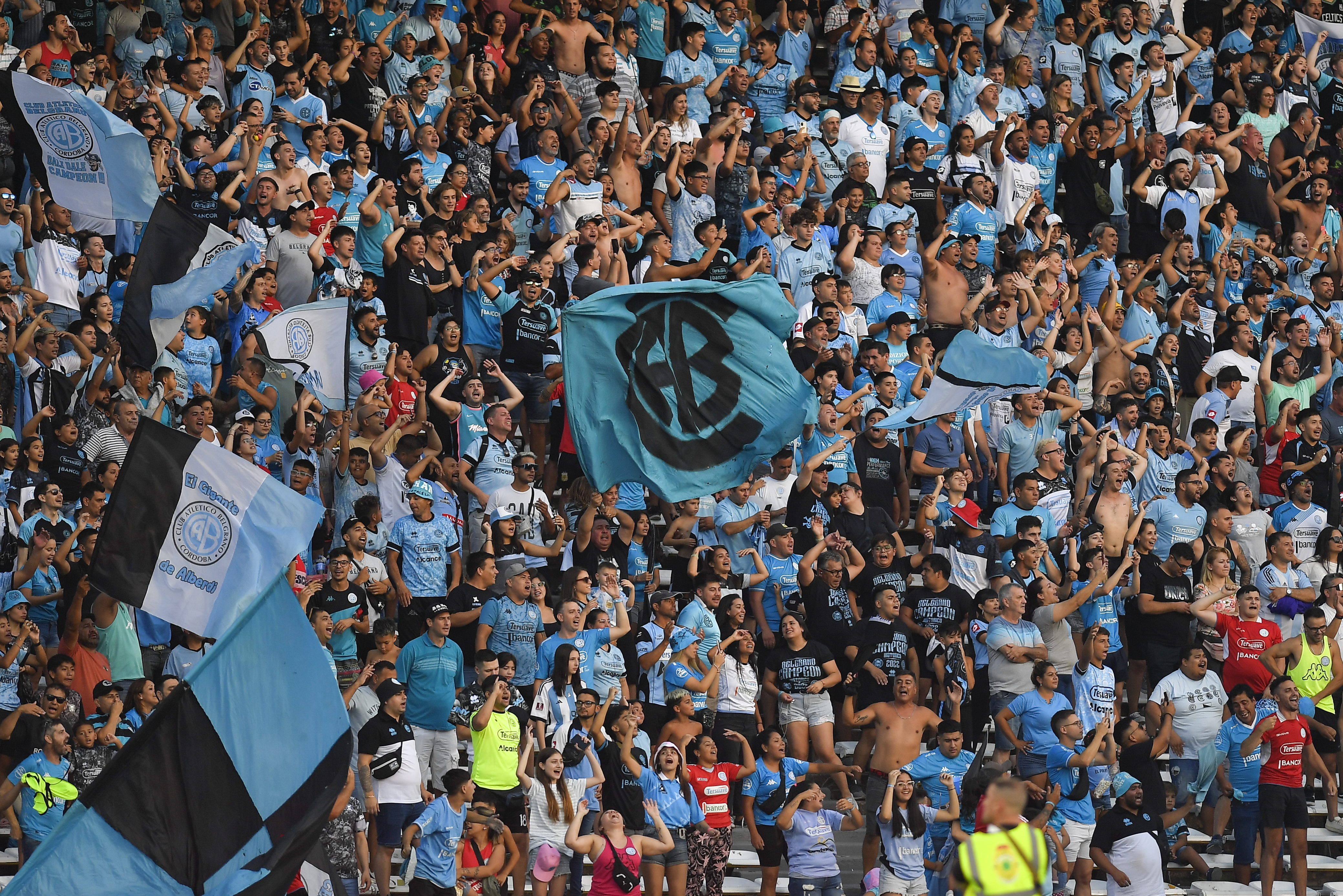 Fans of Belgrano cheer on their team in a match against River Plate in February 2023.