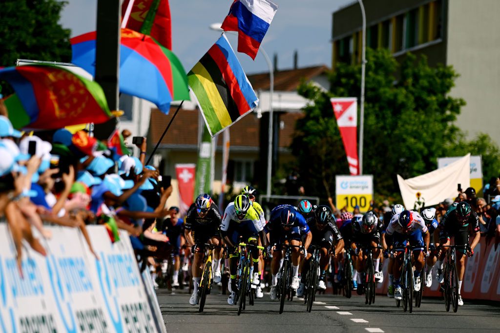 NOTTWIL SWITZERLAND JUNE 12 A general view of Biniam Girmay of Eritrea and Team IntermarchCircusWanty Wout Van Aert of Belgium and Team JumboVisma Black points jersey and Arnaud Dmare of France and Team GroupamaFDJ Pavel Bittner of Czech Republic and Team DSM Peter Sagan of Slovakia and Team TotalEnergies Ivn Garca Cortina of Spain and Movistar Team sprint at finish line during the 86th Tour de Suisse 2023 Stage 2 a 1737km stage from Beromnster to Nottwil UCIWT on June 12 2023 in Nottwil Switzerland Photo by Dario BelingheriGetty Images