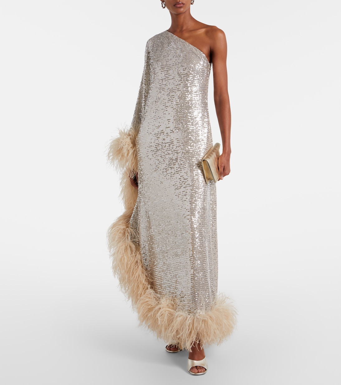 Ubud Feather-Trimmed Sequined Gown in Silver - Taller Marmo