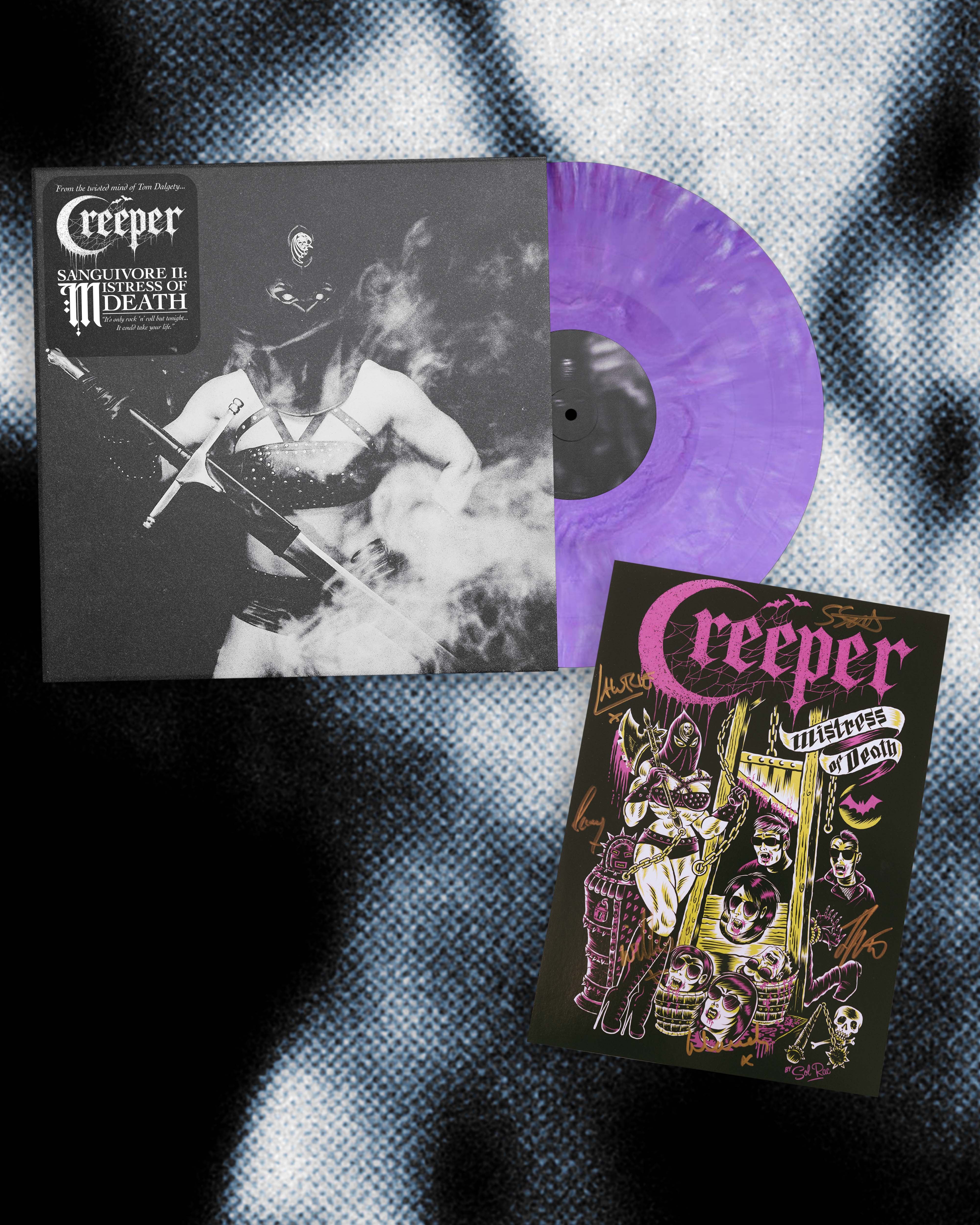 Purple vinyl variant of upcoming Creeper album Sanguivore II: Mistress Of Death, plus a signed art card depicting the band