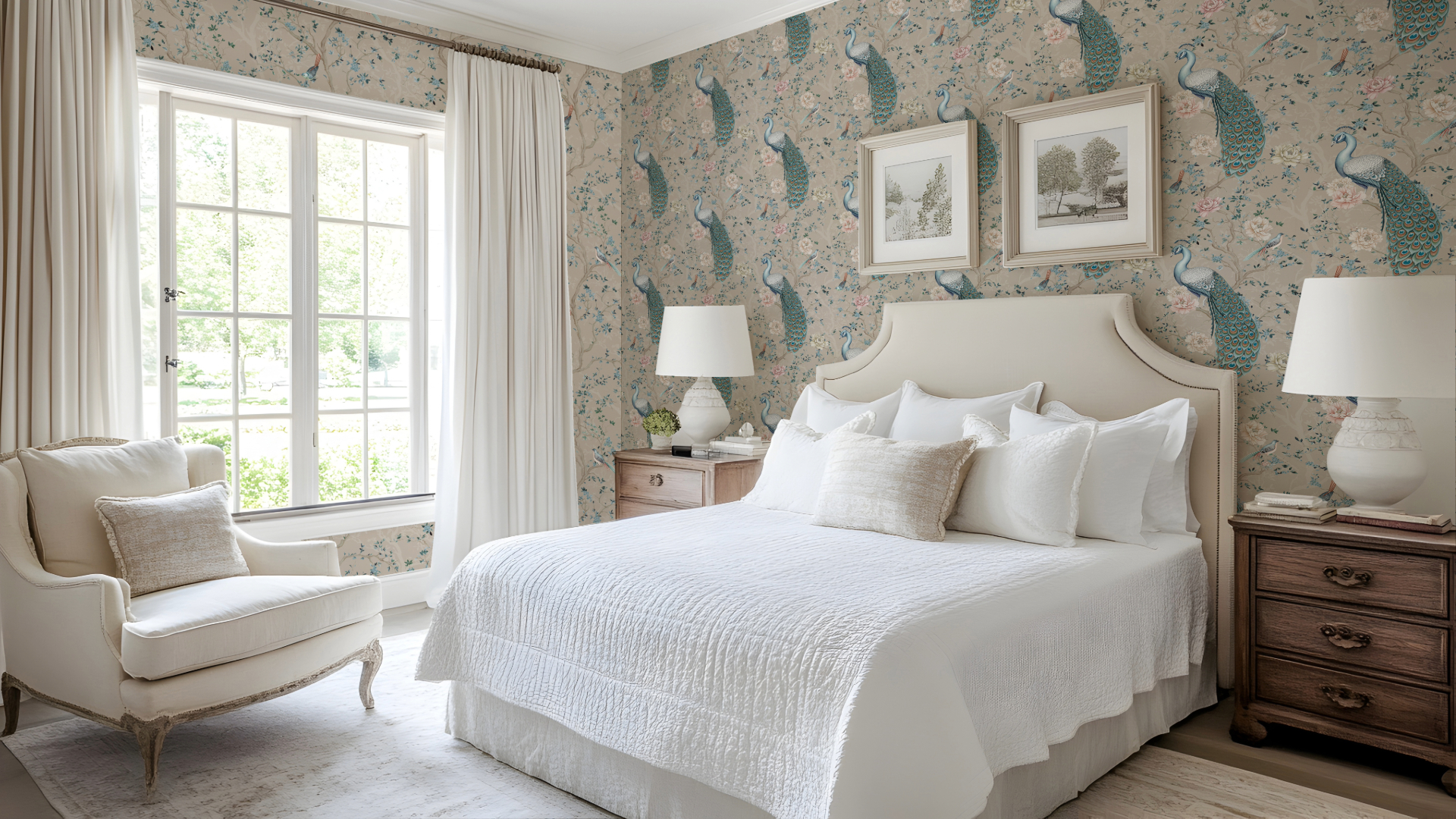 Bird wallpaper in bedroom