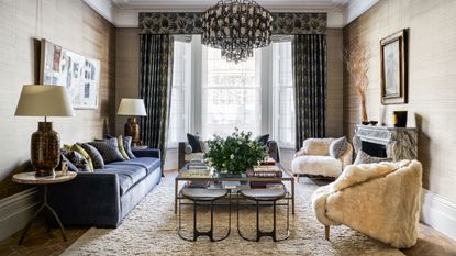 Brown living room with textured wallpaper