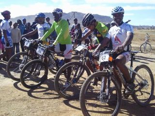 Four top riders from Lesotho lining up for the finals of an elminator race on August 17. From left to right: Phetetso Monese (marathon national champion), Teboho Khantsi (road national champion), Lichaba West (junior cross country national champion) and Tumisang Taabe (elite cross country national champion and President of the National Federation).