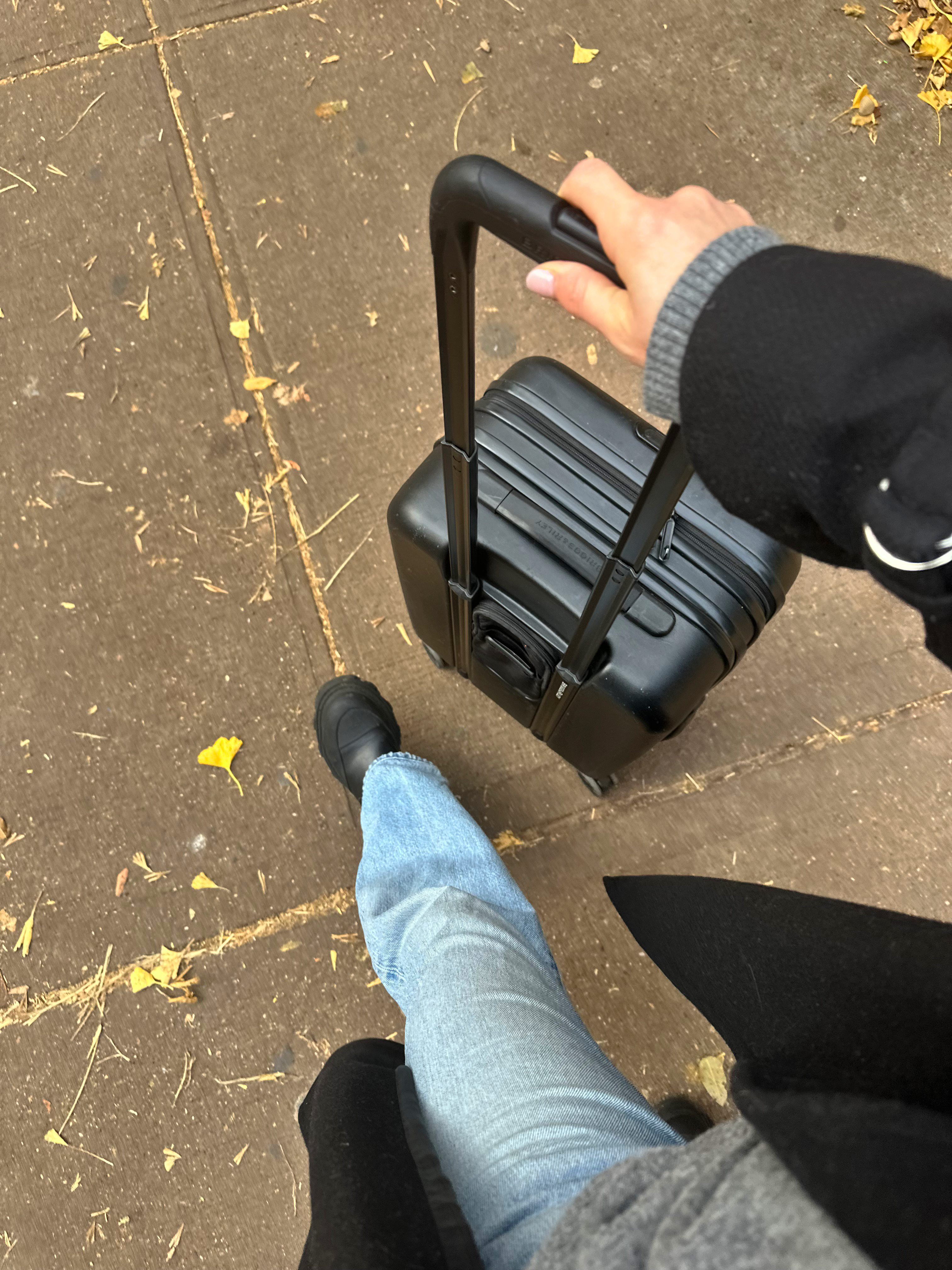katie buckleitner crossing a fall street with a briggs and riley suitcase