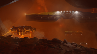 Space crafts move past a rocky surface bathed in orange light 