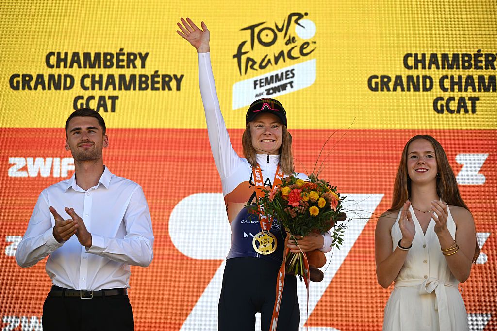 CHAMBERY, FRANCE - AUGUST 01: Maeva Squiban of France and UAE Team ADQ celebrates at podium as stage winner during the 4th Tour de France Femmes 2025, Stage 7 a 159.7km stage from Bourg-en-Bresse to Chambery / #UCIWWT / on August 01, 2025 in Bourg-en-Bresse, France. (Photo by Szymon Gruchalski/Getty Images)