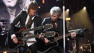 Richie Sambora (left) and Jon Bon Jovi perform at the 2018 Rock and Roll Hall of Fame induction ceremony at the Public Auditorium in Cleveland, Ohio on April 14, 2018