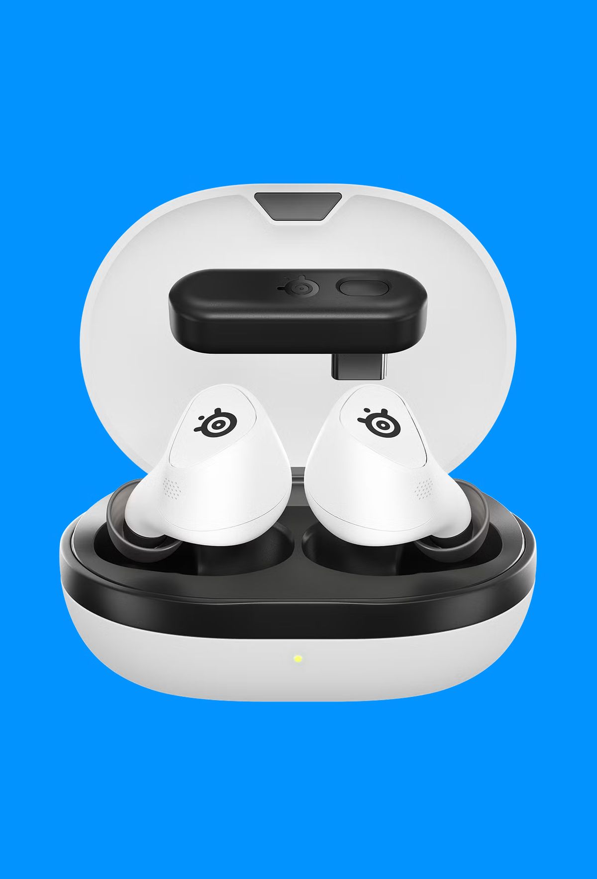 The SteelSeries Arctis Gamebuds on a blue background