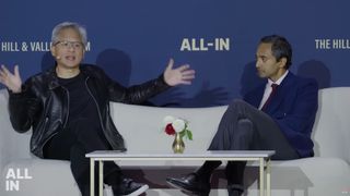 Nvidia CEO Jensen Huang on a sofa next to venture capitalist and All-In Podcast host Chamath Palihapitiya