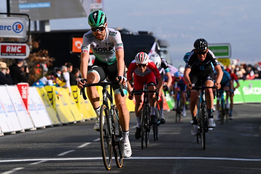 CHIROUBLES FRANCE MARCH 10 Arrival Maximilian Schachmann of Germany and Team Bora Hansgrohe during the 79th Paris Nice 2021 Stage 4 a 1875km stage from ChalonSurSane to Chiroubles 702m ParisNice on March 10 2021 in Chiroubles France Photo by AnneChristine Poujoulat PoolGetty Images