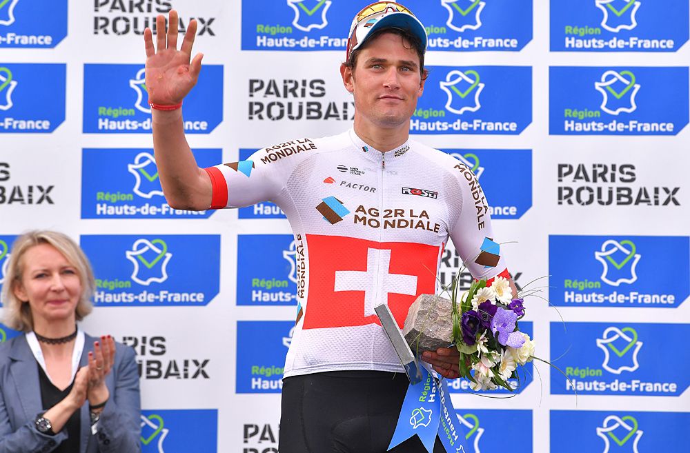 Silvan Dillier (AG2R La Mondiale) on the podium at 2018 Paris-Roubaix