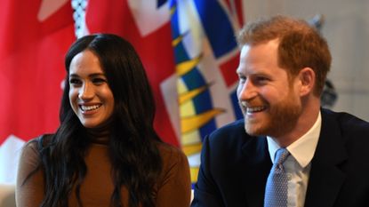 Prince Harry, Duke of Sussex and Meghan, Duchess of Sussex smile during their visit to Canada House in thanks for the warm Canadian hospitality and support they received during their recent stay in Canada, on January 7, 2020 in London, England