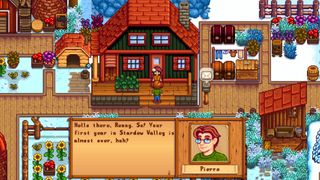 Stardew Valley - Pierre congratulating the player character for their first year on the farm.