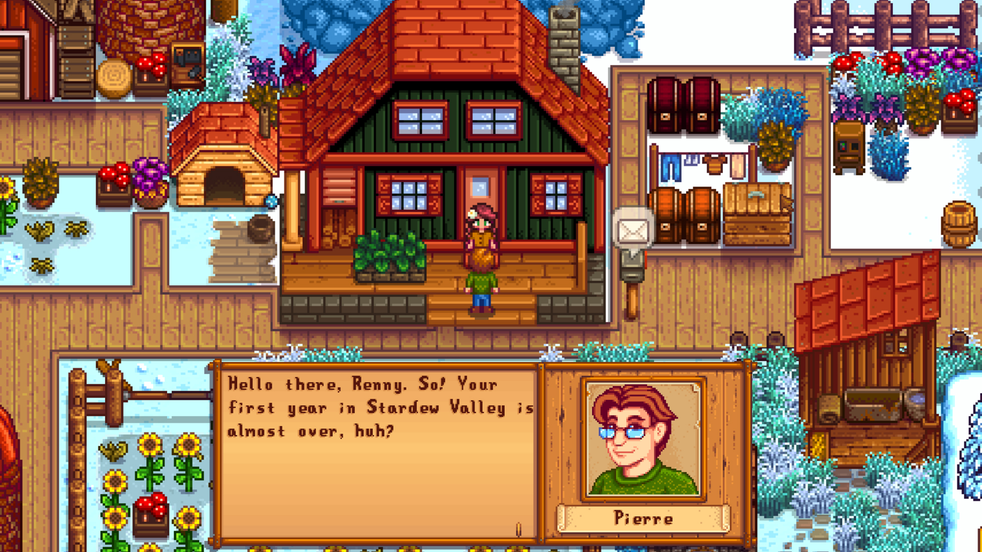 Stardew Valley - Pierre congratulating the player character for their first year on the farm.