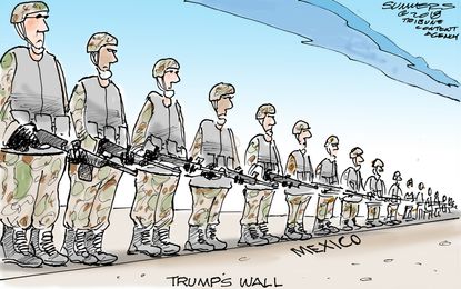Political cartoon U.S. Trump border wall Mexico military