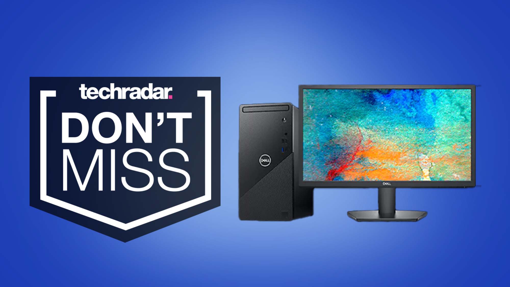 A Dell Inspiron desktop and monitor against a blue background with a TechRadar Don't Miss badge