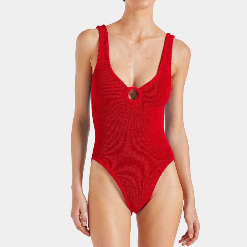 red Celine swimsuit on model 