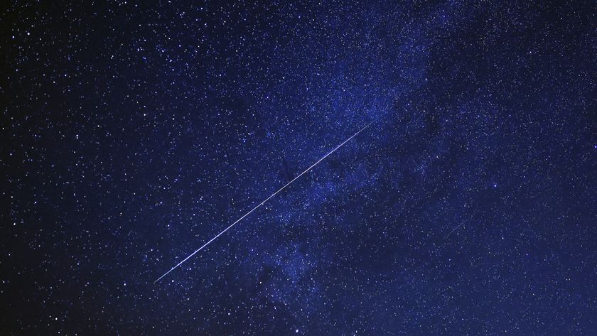 A meteor is pictured shooting diagonally through a starry night sky.