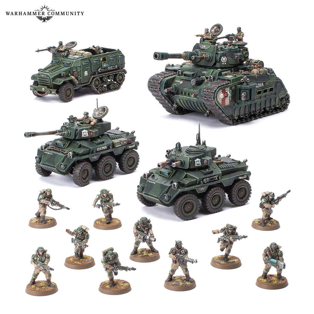 A collection of Astra Millitarum tanks and troopers on a plain background
