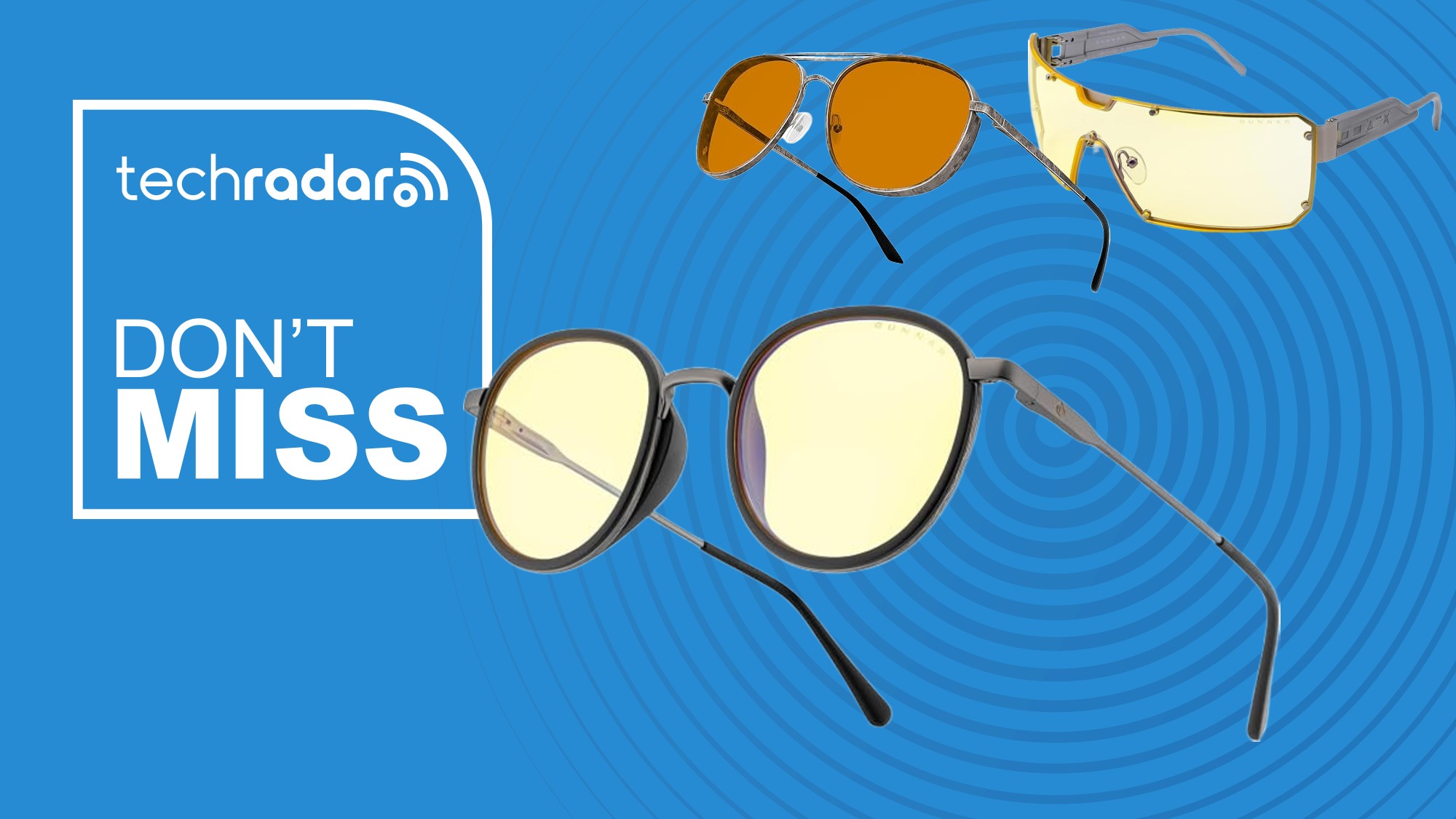 Three pairs of Gunnar blue-light filtering glasses on a blue background next to a white TechRadar badge in the upper left corner that reads 'Don't Miss'