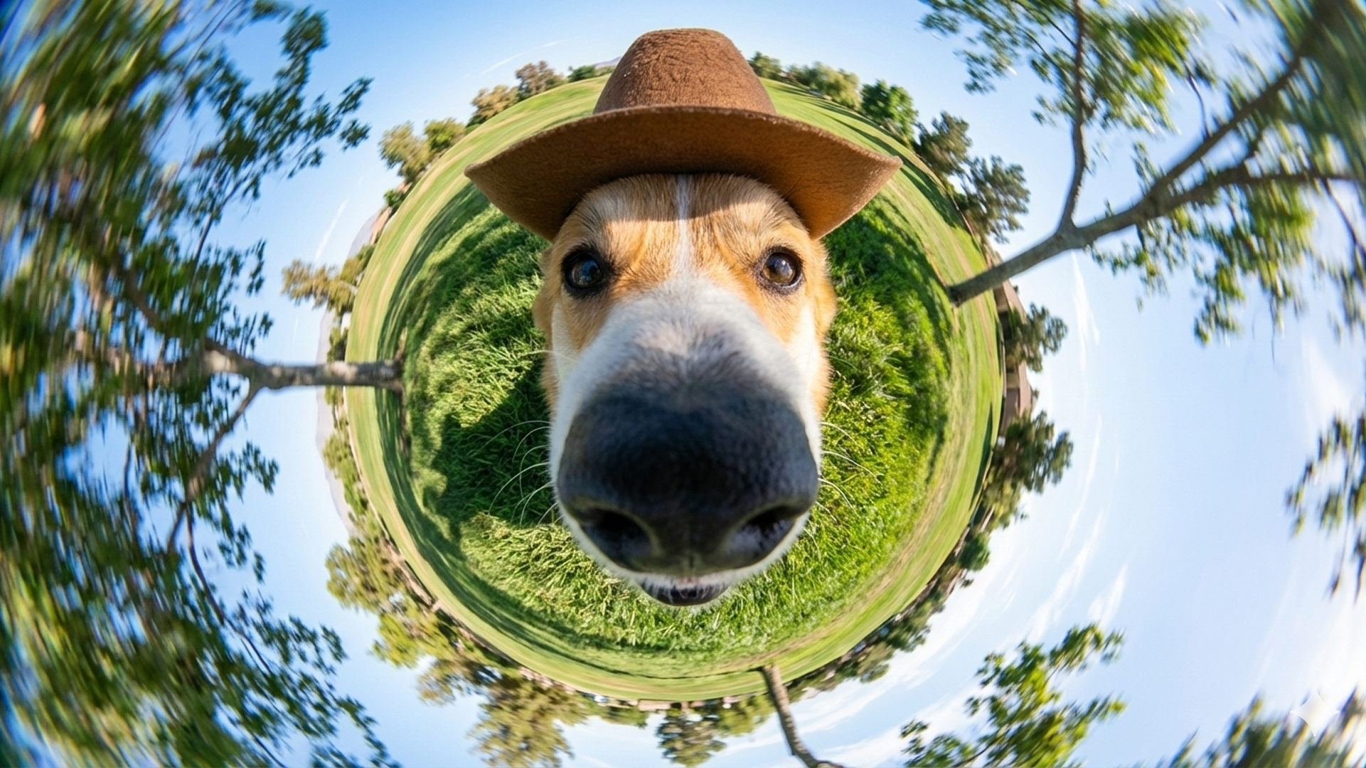 A close-up fisheye image shows a dog wearing a brown cowboy hat in a grassy park, its wet black nose front and center in a distorted, spherical view.