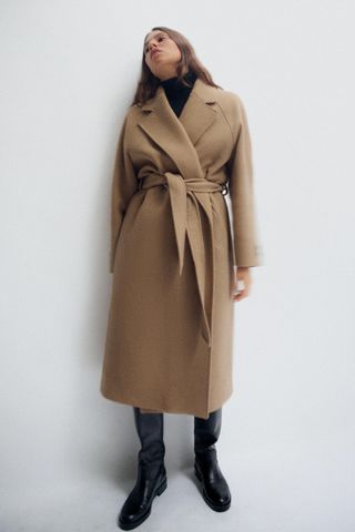 zara, long belted wool blend coat