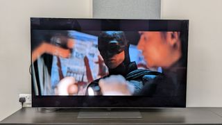 A shot of Batman's face from The Batman on the LG G5 in Dolby Vision Cinema Home mode pre firmware update
